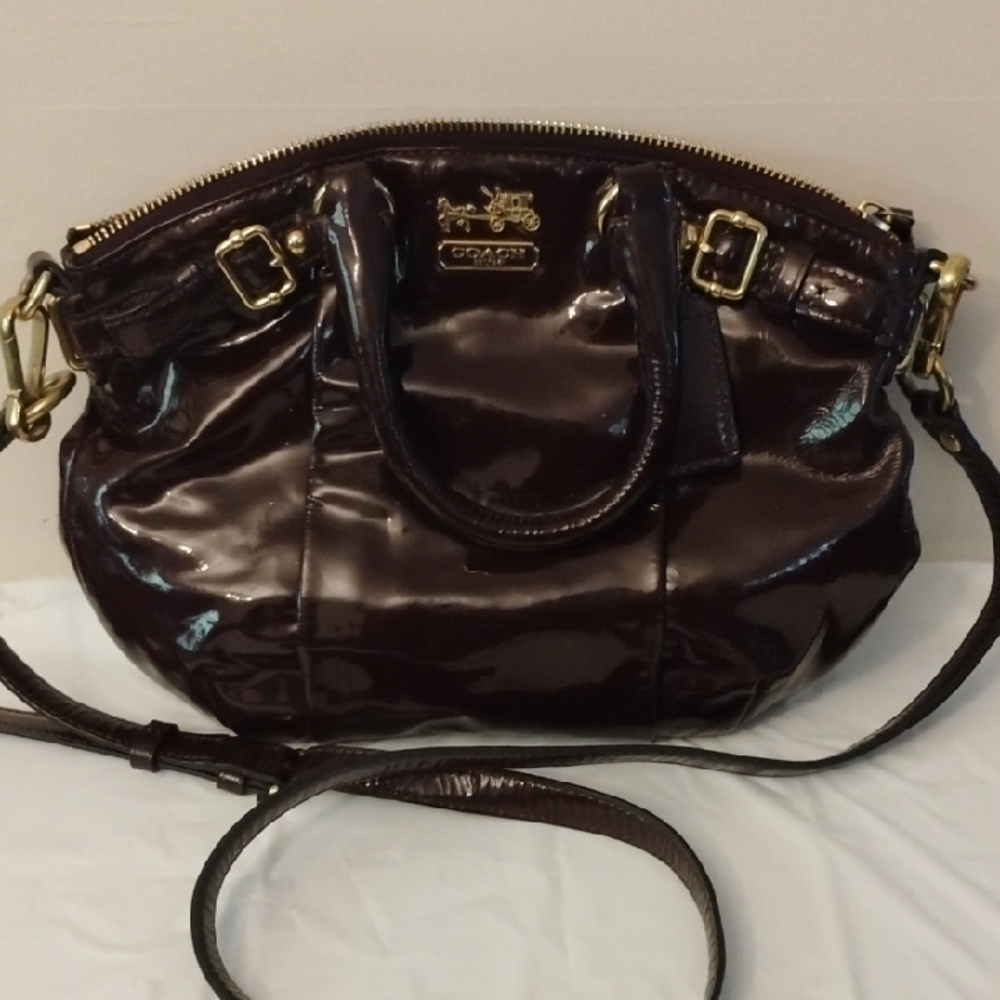 Coach Patent Leather Shoulder Bag in Dark Brown with Gold Hardware